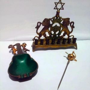 Lot 3 Vintage Brass Metal Art Sculpture Menorah Jewish Judaism Tray Dish Israel